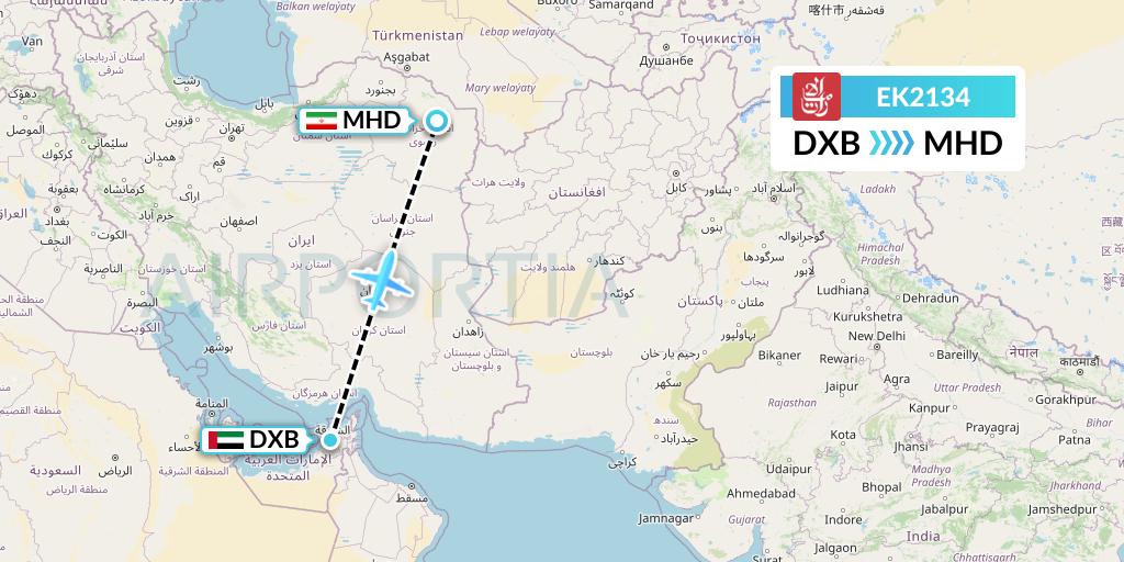 EK2134 Emirates Flight Map: Dubai to Mashhad