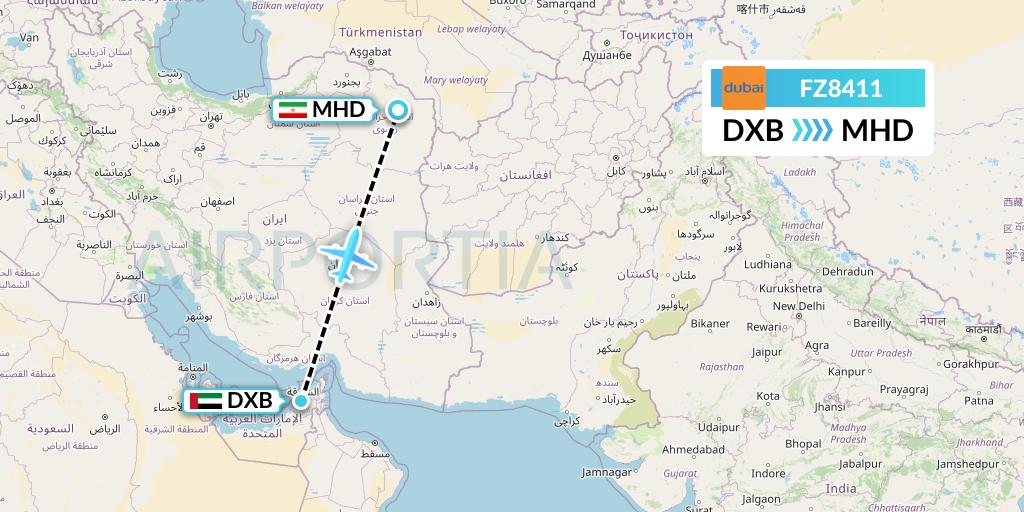 FZ8411 FlyDubai Flight Map: Dubai to Mashhad