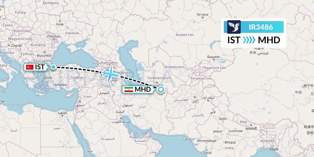 IR3486 Iran Air Flight Map: Istanbul to Mashhad
