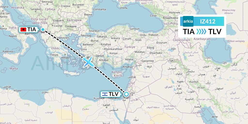 IZ412 Arkia Israeli Airlines Flight Map: Tirana to Tel Aviv