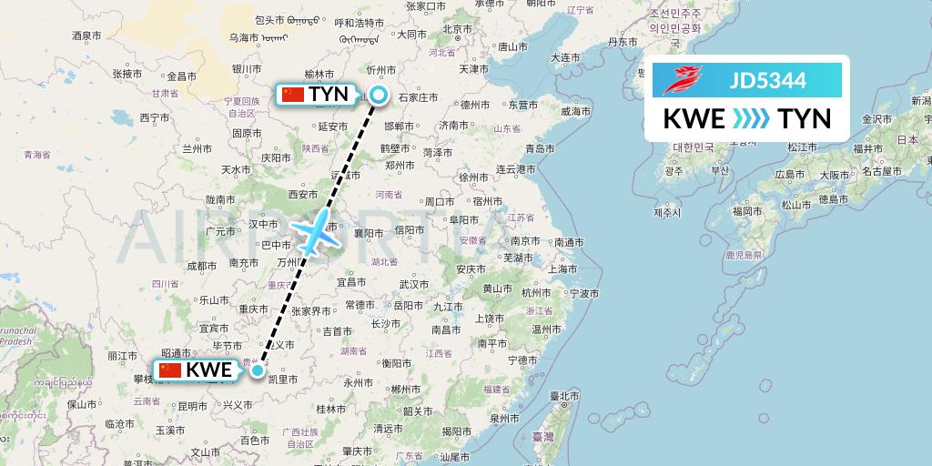 JD5344 Capital Airlines Flight Map: Guiyang to Taiyuan