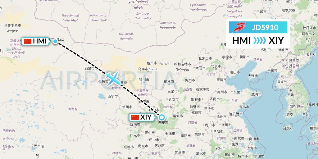 JD5910 Capital Airlines Flight Map: Hami City to Xi'an