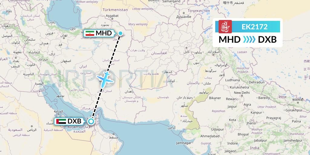 EK2172 Emirates Flight Map: Mashhad to Dubai