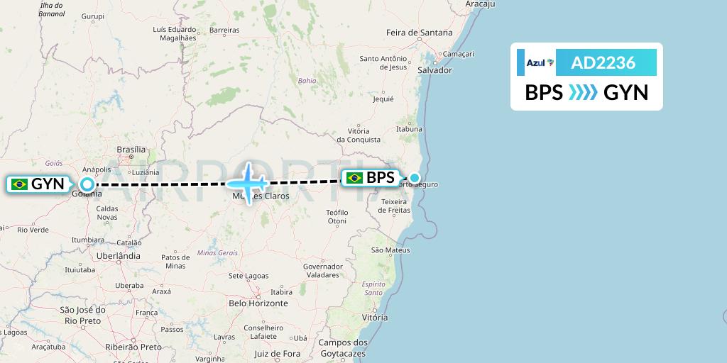 AD2236 Azul Brazilian Airlines Flight Map: Porto Seguro to Goiania
