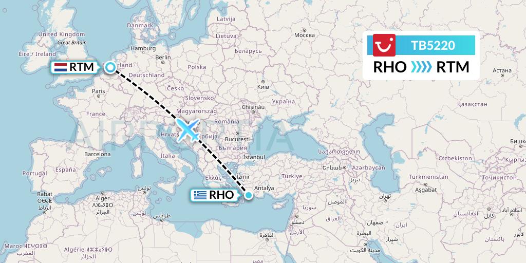 TB5220 TUI fly Belgium Flight Map: Rhodes to Rotterdam