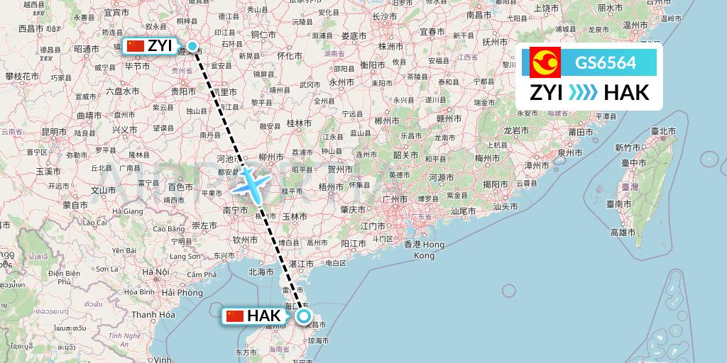 GS6564 Tianjin Airlines Flight Map: Zunyi to Haikou