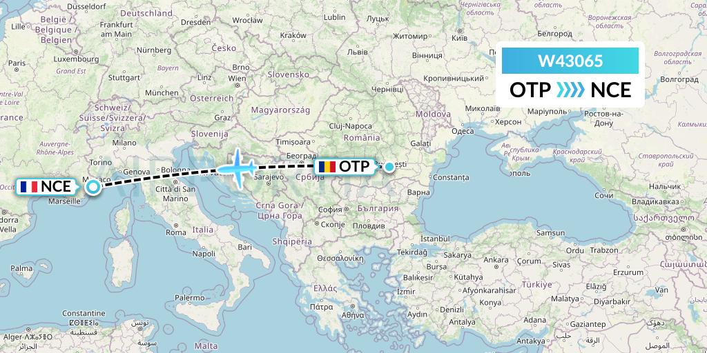 W43065 Wizz Air Malta Flight Map: Bucharest to Nice