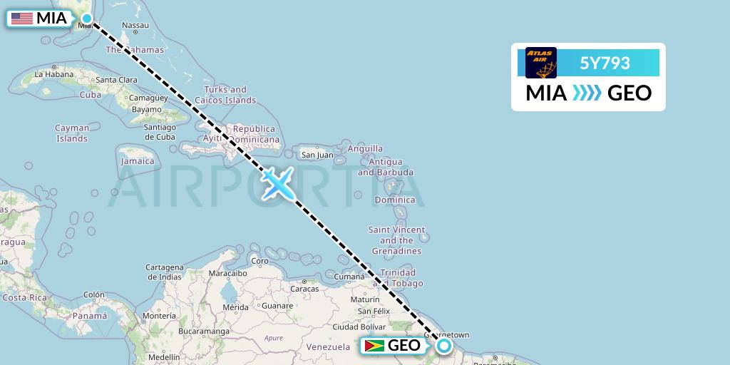 5Y793 Atlas Air Flight Map: Miami to Georgetown