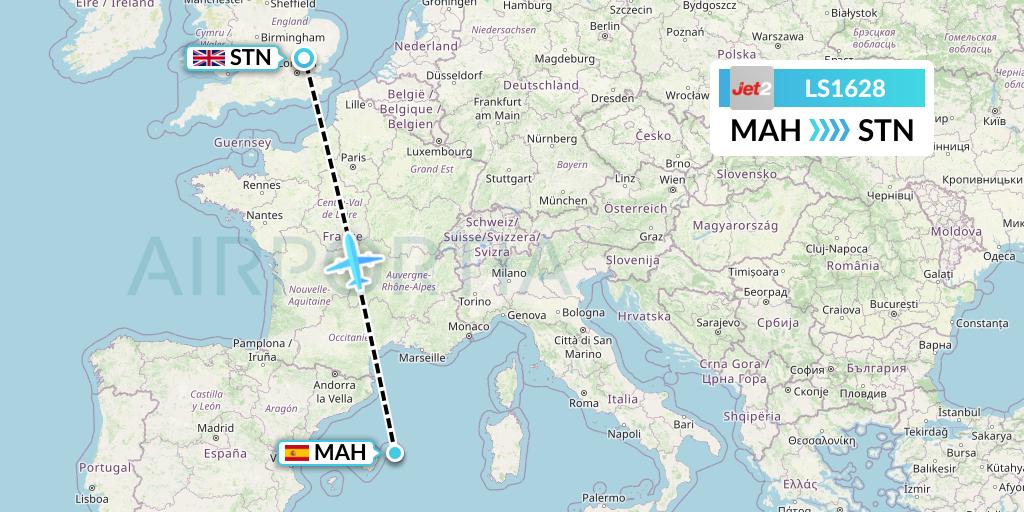 LS1628 Jet2 Flight Map: Mahon to London