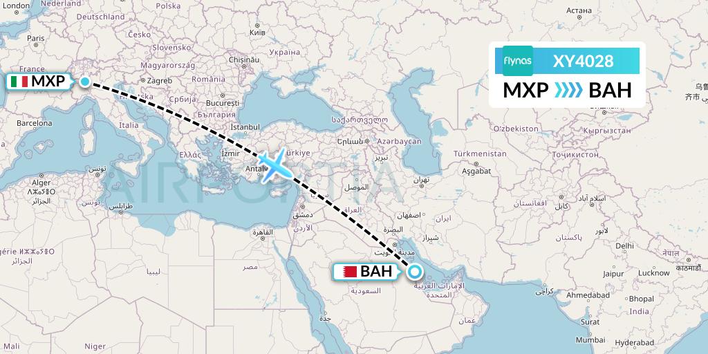 XY4028 Flynas Flight Map: Milan to Bahrain