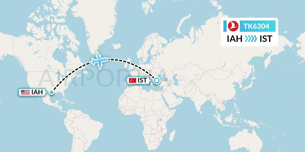 TK6304 Turkish Airlines Flight Map: Houston to Istanbul