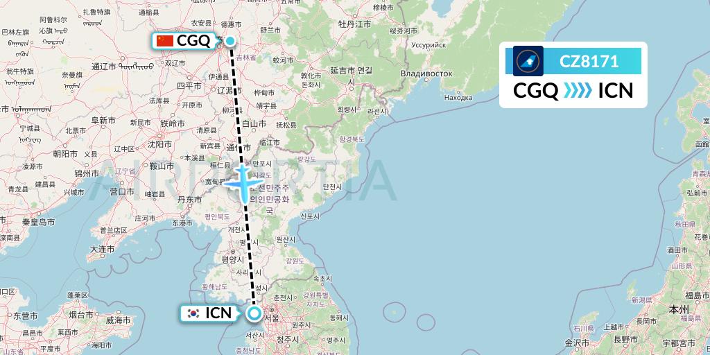 CZ8171 China Southern Airlines Flight Map: Changchun to Seoul