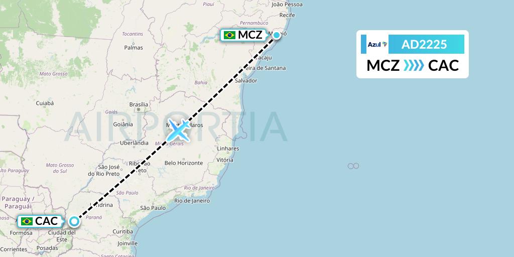 AD2225 Azul Brazilian Airlines Flight Map: Maceio to Cascavel