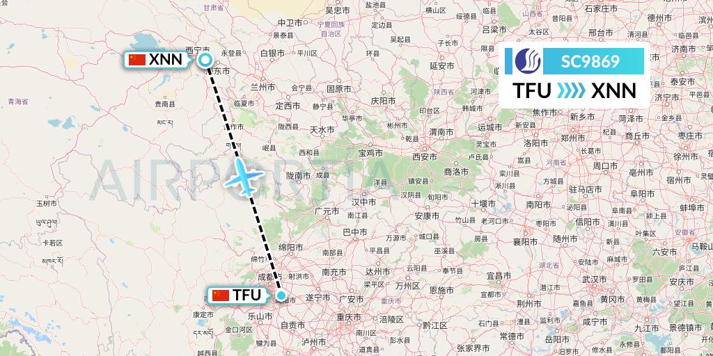 SC9869 Shandong Airlines Flight Map: Chengdu to Xining