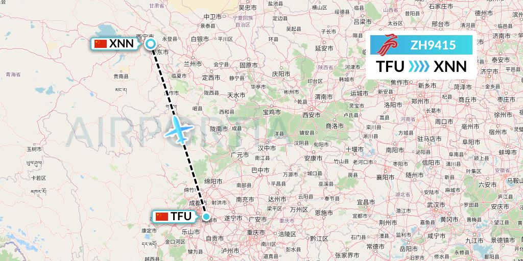 ZH9415 Shenzhen Airlines Flight Map: Chengdu to Xining