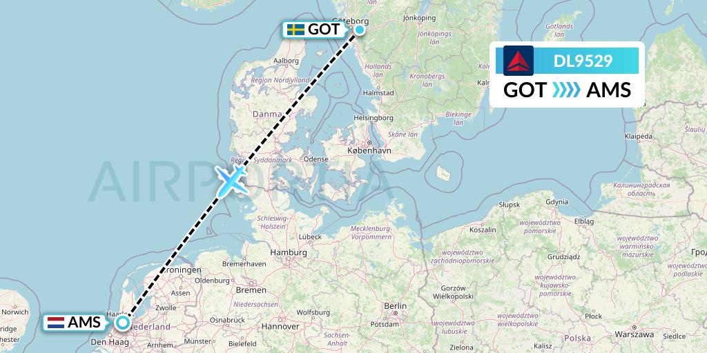 DL9529 Delta Air Lines Flight Map: Gothenburg to Amsterdam