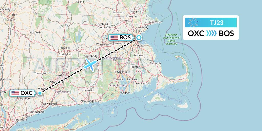 TJ23 Tradewind Aviation Flight Map: Oxford to Boston