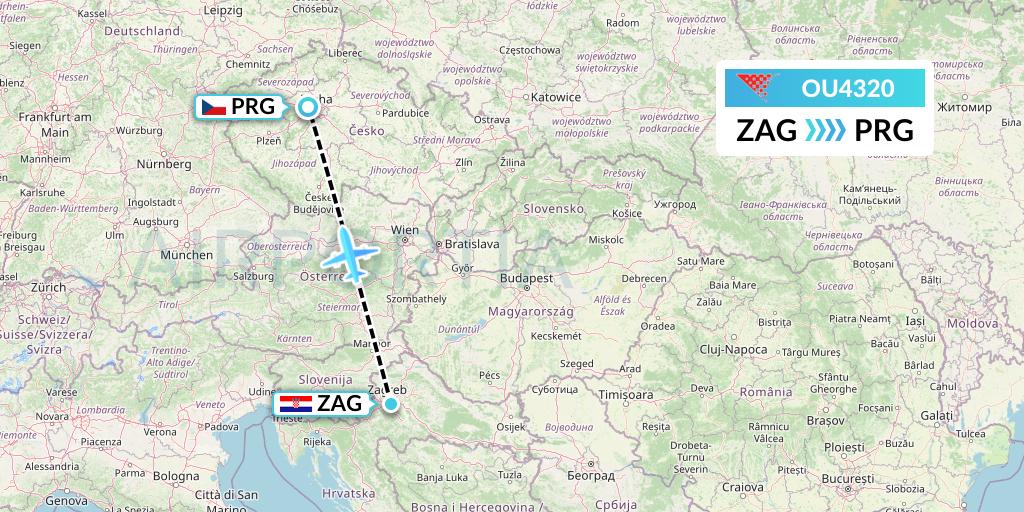 OU4320 Croatia Airlines Flight Map: Zagreb to Prague
