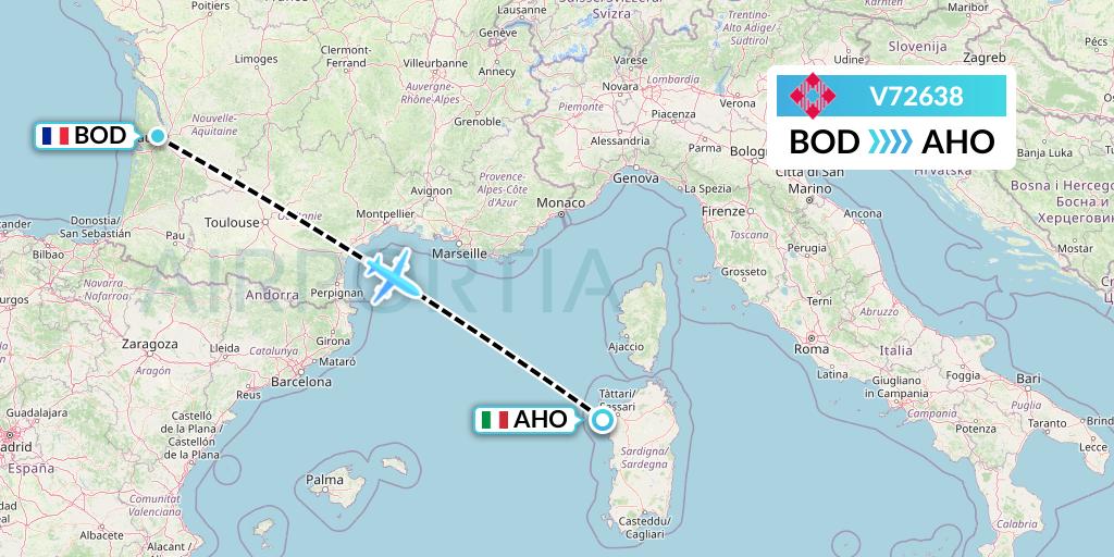V72638 Volotea Flight Map: Bordeaux to Alghero