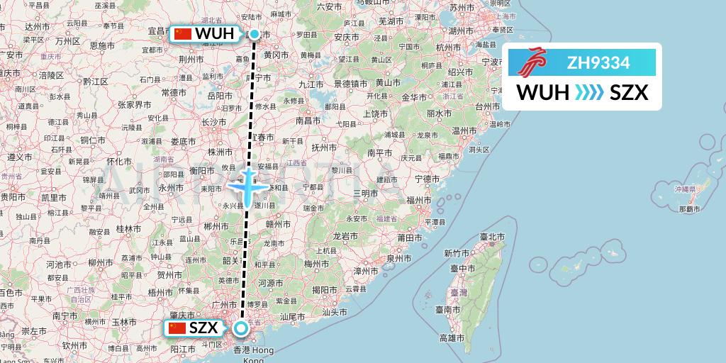 ZH9334 Shenzhen Airlines Flight Map: Wuhan to Shenzhen