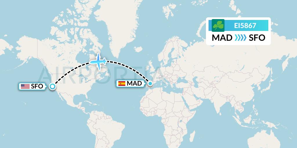 EI5867 Aer Lingus Flight Map: Madrid to San Francisco