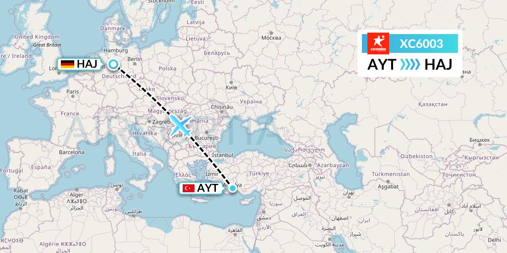 XC6003 Corendon Airlines Flight Map: Antalya to Hannover