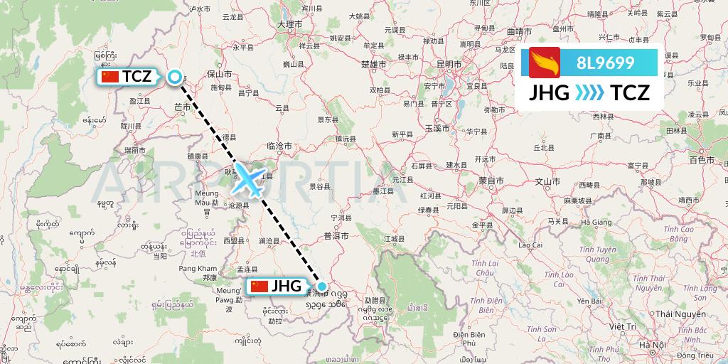 8L9699 Lucky Air Flight Map: Jinghong to Tengchong