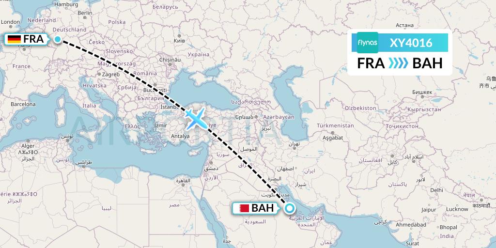 XY4016 Flynas Flight Map: Frankfurt to Bahrain