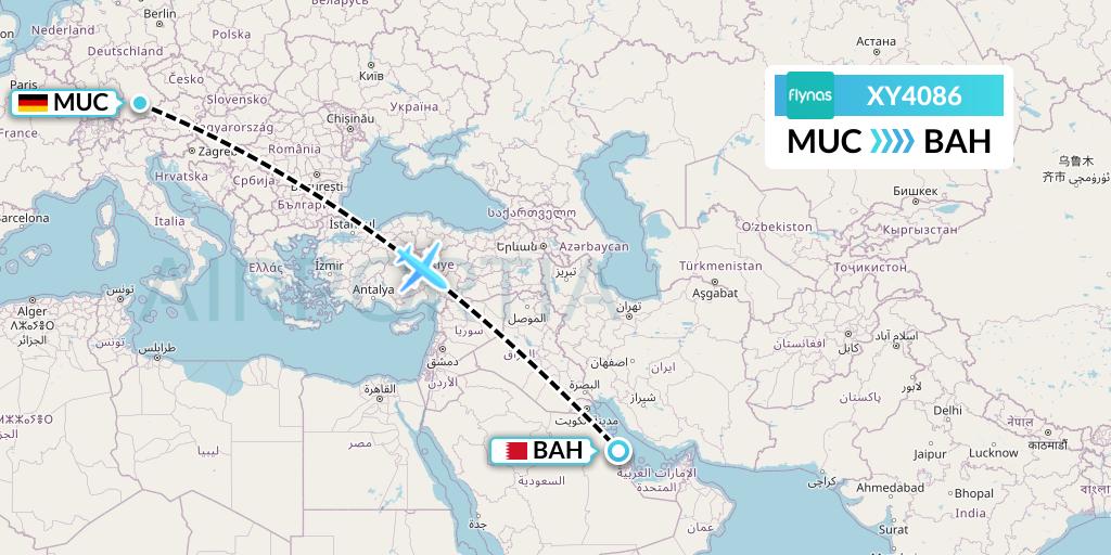 XY4086 Flynas Flight Map: Munich to Bahrain