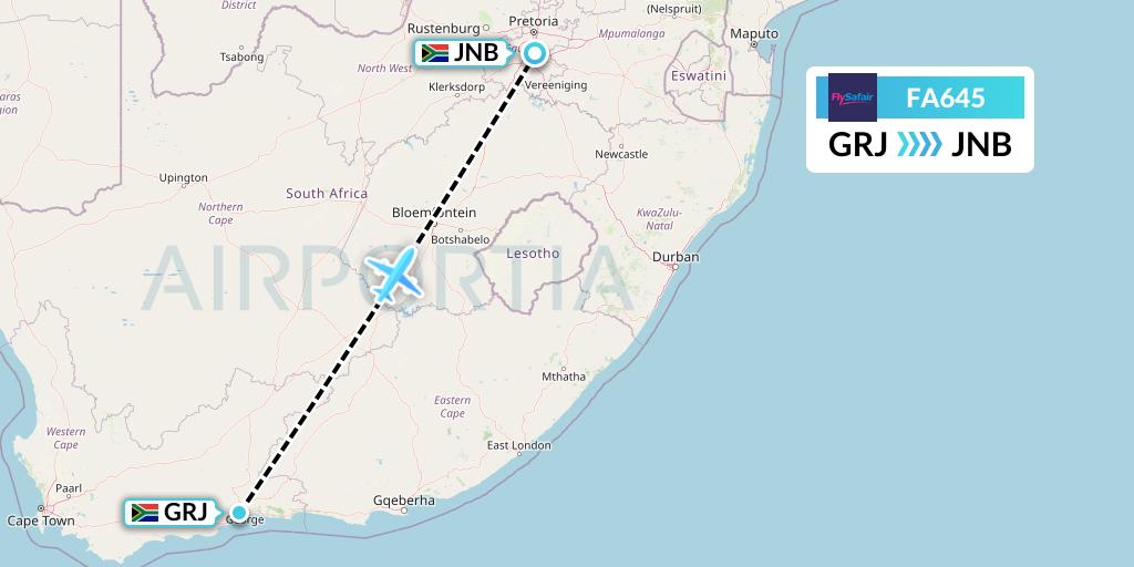 FA645 Safair Flight Map: George to Johannesburg