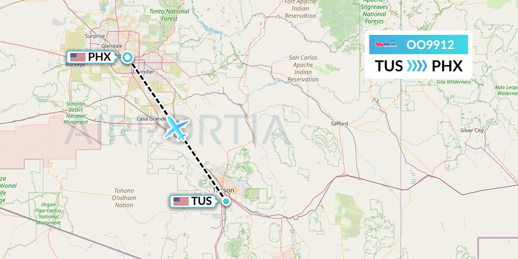 OO9912 SkyWest Airlines Flight Map: Tucson to Phoenix