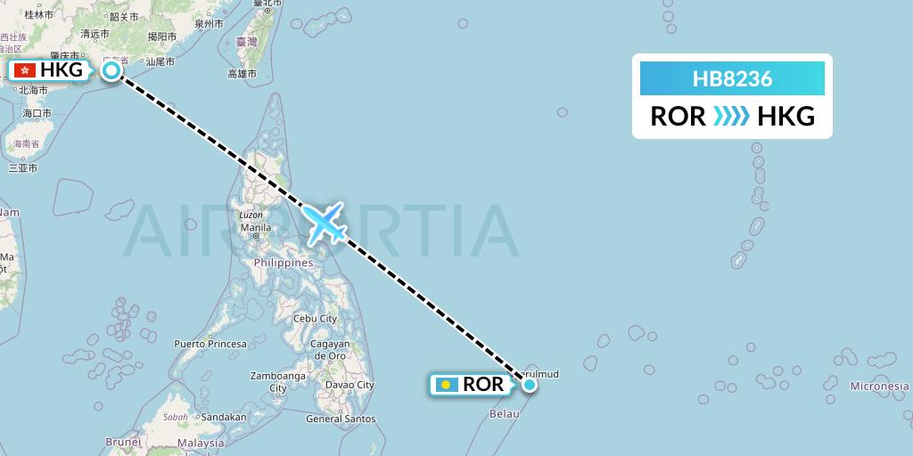 HB8236 Greater Bay Airlines Flight Map: Airai to Hong Kong