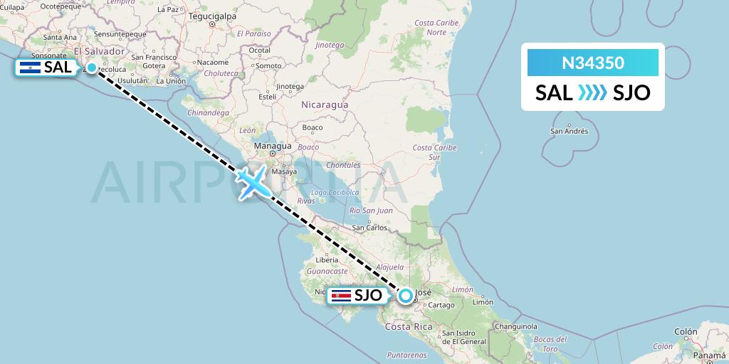 N34350 Vuela El Salvador Flight Map: San Salvador to San Jose