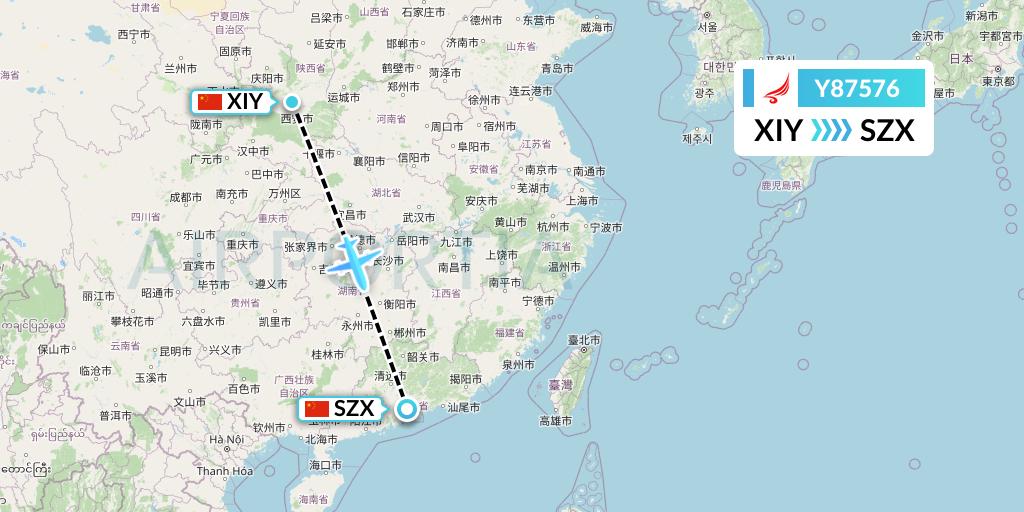 Y87576 Yangtze River Express Flight Map: Xi'an to Shenzhen