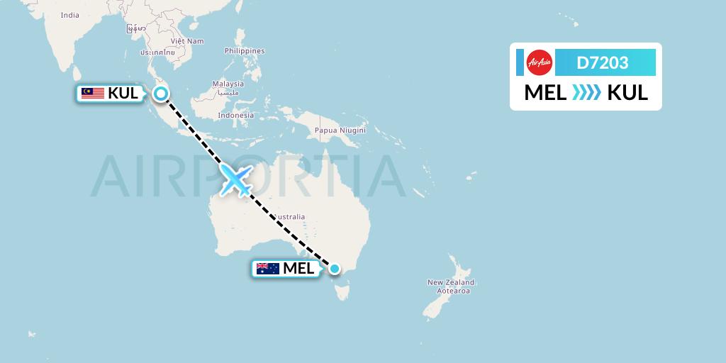 D7203 AirAsia X Flight Map: Melbourne to Kuala Lumpur