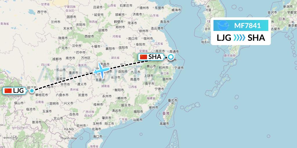 MF7841 Xiamen Airlines Flight Map: Lijiang to Shanghai