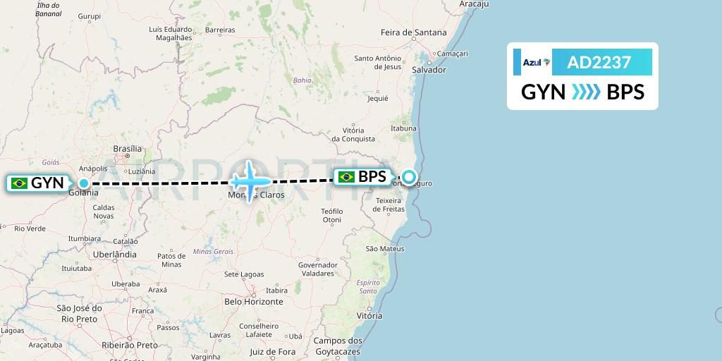 AD2237 Azul Brazilian Airlines Flight Map: Goiania to Porto Seguro