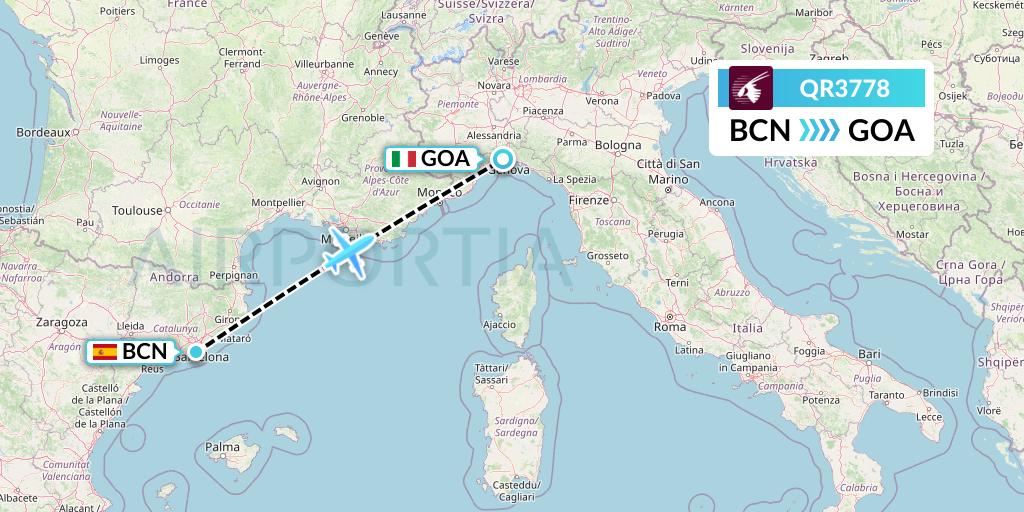 QR3778 Qatar Airways Flight Map: Barcelona to Genoa