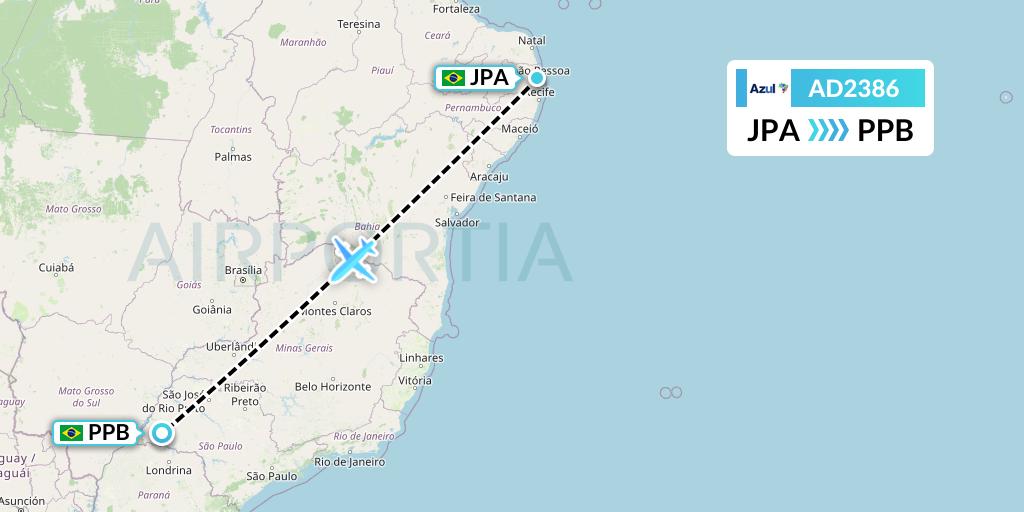 AD2386 Azul Brazilian Airlines Flight Map: Joao Pessoa to Presidente Prudente