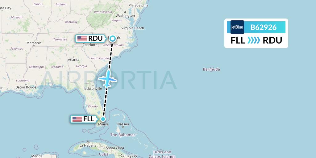 B62926 JetBlue Airways Flight Map: Fort Lauderdale to Raleigh-Durham