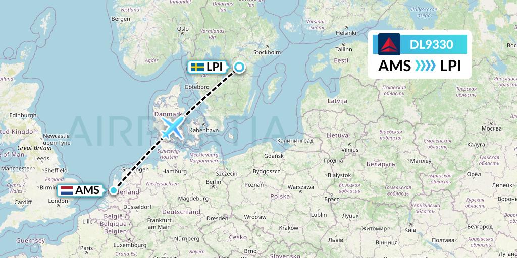 DL9330 Delta Air Lines Flight Map: Amsterdam to Linkoping