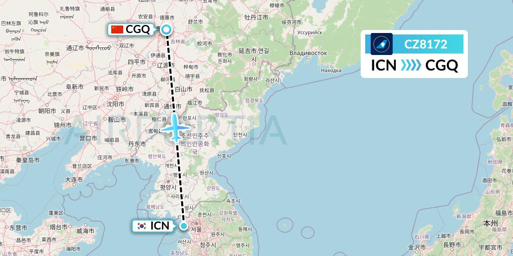 CZ8172 China Southern Airlines Flight Map: Seoul to Changchun