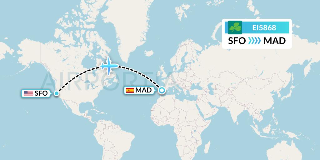 EI5868 Aer Lingus Flight Map: San Francisco to Madrid