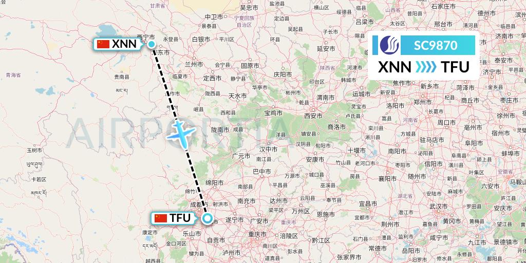 SC9870 Shandong Airlines Flight Map: Xining to Chengdu