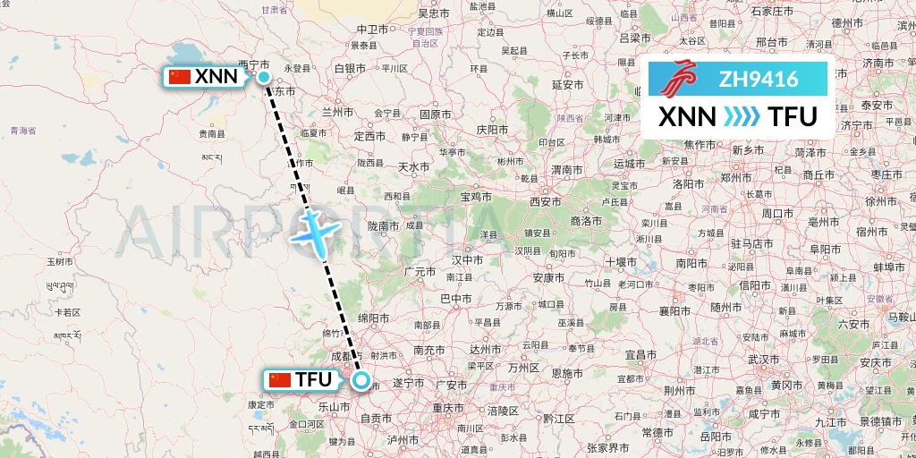 ZH9416 Shenzhen Airlines Flight Map: Xining to Chengdu