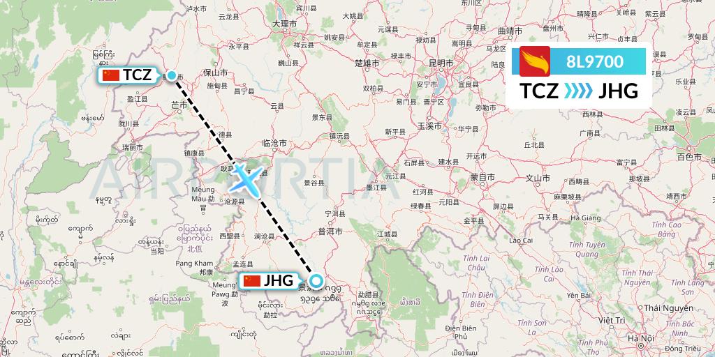 8L9700 Lucky Air Flight Map: Tengchong to Jinghong