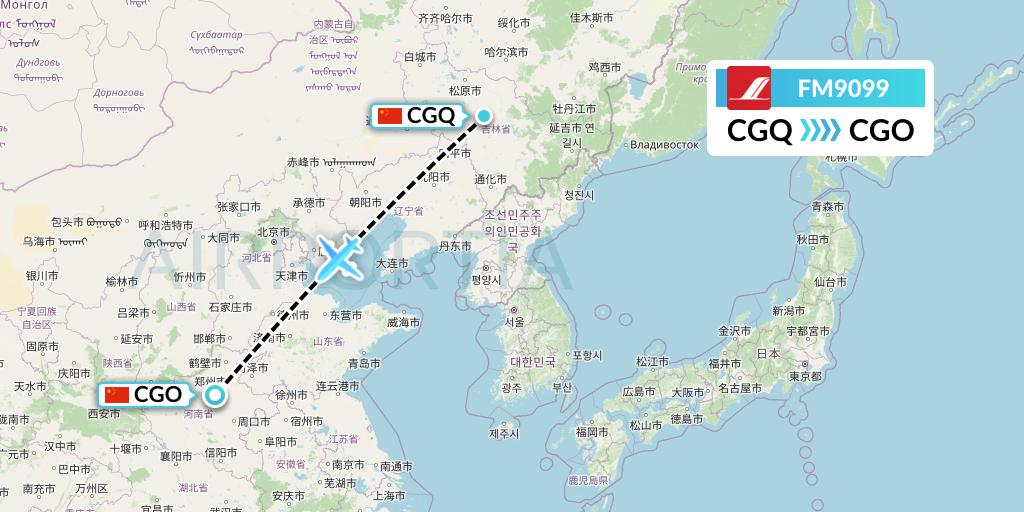 FM9099 Shanghai Airlines Flight Map: Changchun to Zhengzhou