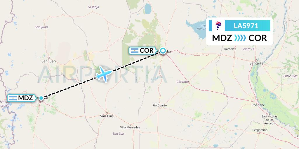LA5971 LAN Airlines Flight Map: Mendoza to Cordoba