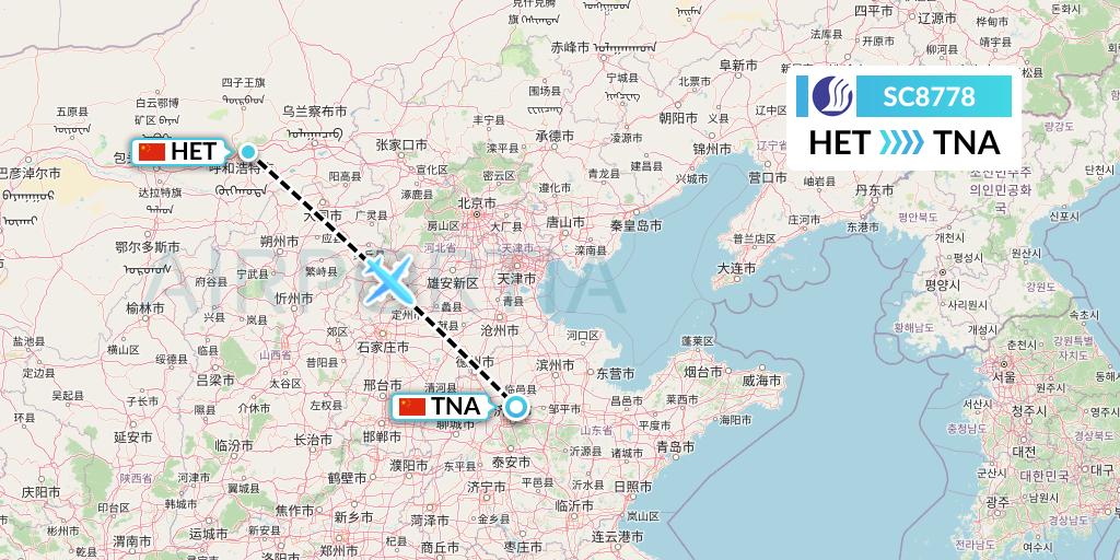 SC8778 Shandong Airlines Flight Map: Hohhot to Jinan