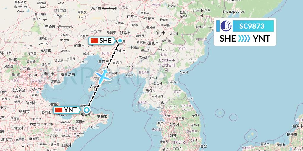 SC9873 Shandong Airlines Flight Map: Shenyang to Yantai